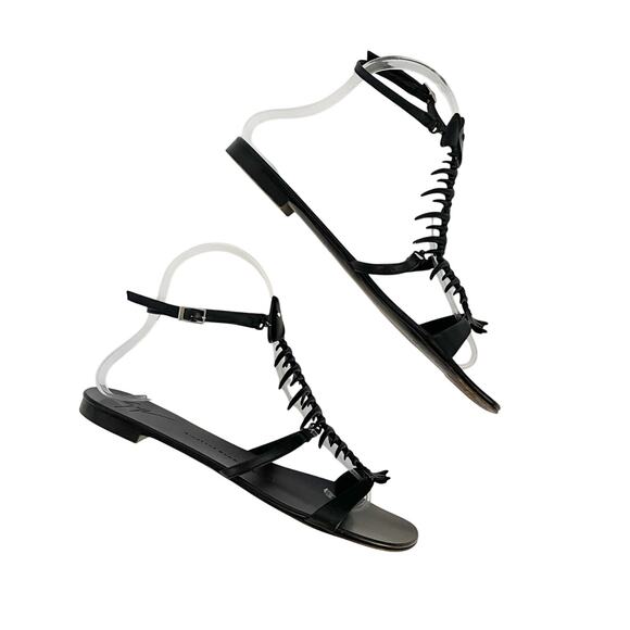 Giuseppe Zanotti Black Leather Fishbone Flat Ankle Strap Sandals IT 37.5 - Picture 5 of 12